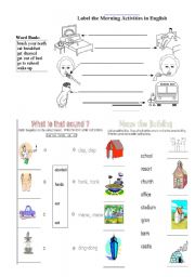 English Worksheet: vocabulary, routine, sounds  and name of buildings