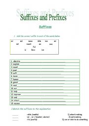 English Worksheet: Suffixes and prefixes