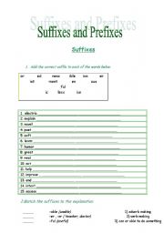 English worksheet: Suffixes and prefixes