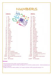 Help or vocabulary sheet for NUMBERS