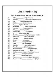 English Worksheet: Like +verb +ing