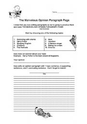 English Worksheet: The Marvelous Opinion Paragraph Page