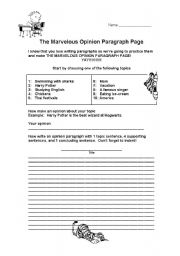 English worksheet: The Marvelous Opinion Paragraph Page