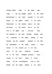 English worksheet: Superlatives Sentence Scramble Game