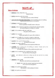 English Worksheet: Ways of Looking, Shining, Speaking, Shouting & Making sounds