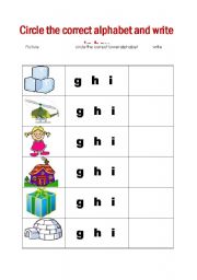 English worksheet: circle and write the alphabet-G H I