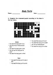 English worksheet: body parts - crossword puzzle + matching