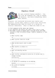 English Worksheet: Psychic Proof Icebreaker