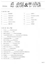 English Worksheet: Articles A, An & The