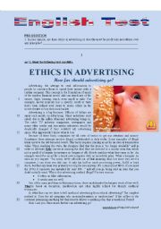 English Worksheet: TEST - ETHICS IN ADVERTISING (HOW FAR WOULD YOU GO?)