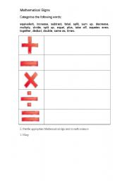 English worksheet: Mathematical Signs