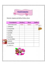 English Worksheet: Word Formation[Prefixes, Roots and Suffixes] **KEY INCLUDED**