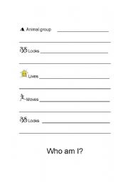 English worksheet: animal who am outline