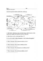 English Worksheet: the world map, name of countries, continents