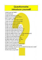 English Worksheet: Questionnaire: introduce yourself