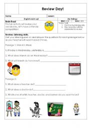 English worksheet: review day