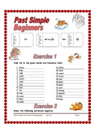English Worksheet: 2 pages/3 exercises/ 50 sentences Past simple for BEGINNERS