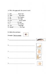 English worksheet: body parts - have&has / an&a