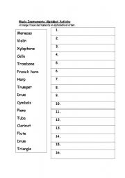 English Worksheet: Music instruments alphabet activity