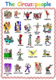 English Worksheet: AT THE CIRCUS:2  PAGE PICTIONARY PEOPLE OBJECTS WE SEE