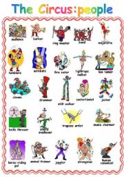 English Worksheet: AT THE CIRCUS:2  PAGE PICTIONARY PEOPLE OBJECTS WE SEE