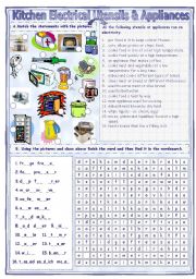 English Worksheet: Match & Find Kitchen - Electrical Utensils & Appliances