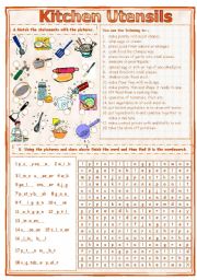 English Worksheet: Match & Find - Kitchen Utensils