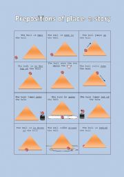 English Worksheet: The ball and the hill- a picture story with prepositions of place