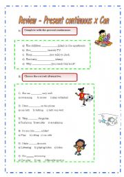 English Worksheet: Present Continuous x  Can  Review