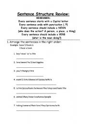 English worksheet: Sentence Structure Review Sheet + Answers
