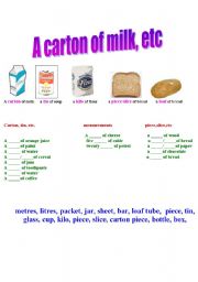 English worksheet: a carton of milk, etc  + KEY  ->   very useful  !!!!