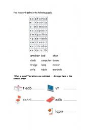 English worksheet: family parts of the house and furniture