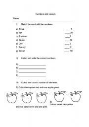 English worksheet: numbers and colors