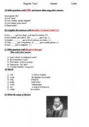 English Worksheet: Test ( can/have got/ parts of the face)