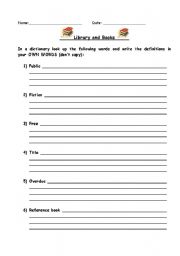 English Worksheet: Books & Library Dictionary Search