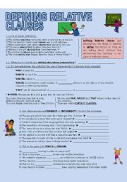 English Worksheet: DEFINING RELATIVE CLAUSES (2 pages)