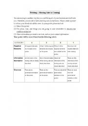 English worksheet: Writing test_create a poster for your moving sale (scoring rubric included)