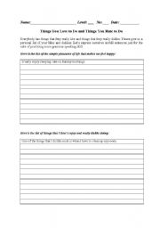 English worksheet: Things You Love to Do and Things You Hate to Do