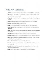 English Worksheet: Body Part Definitions and Fill In the Blank