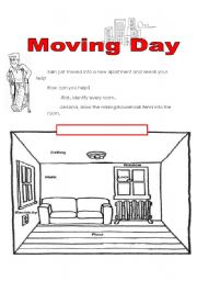 English worksheet: Moving Day: household items/rooms/vocabulary