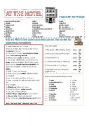 English Worksheet: AT THE HOTEL - VOCABULARY, CONVERSATION AND EXERCISES, 2 PAGES