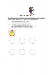 English worksheet: Draw the time and tell the story 