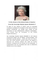 English Worksheet: to the citizens of the USA from her majesty 