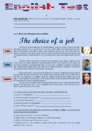 English Worksheet: TEST - THE CHOICE OF A JOB (3 pages)