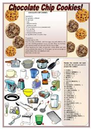 English Worksheet: Chocolate Chip Cookies!  ((recipe & activities on kitchen utensils)