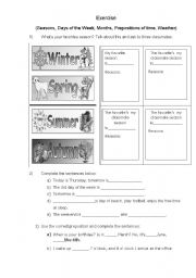 English Worksheet: Exercise - (Seasons, Days of the Week, Months, Prepositions of time, Weather)
