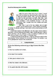 English Worksheet: Peters daily routine (2 pages)