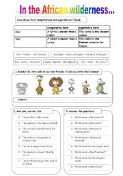 English Worksheet: In the African wilderness...(comparatives/superlatives +animals) FULLY EDITABLE!!!