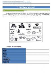 English Worksheet: Question Words  or WH questions or WH words or Interrogative Pronouns