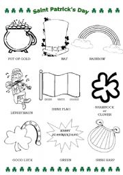 English Worksheet: Coloring activity and exercises about St. Patricks Day